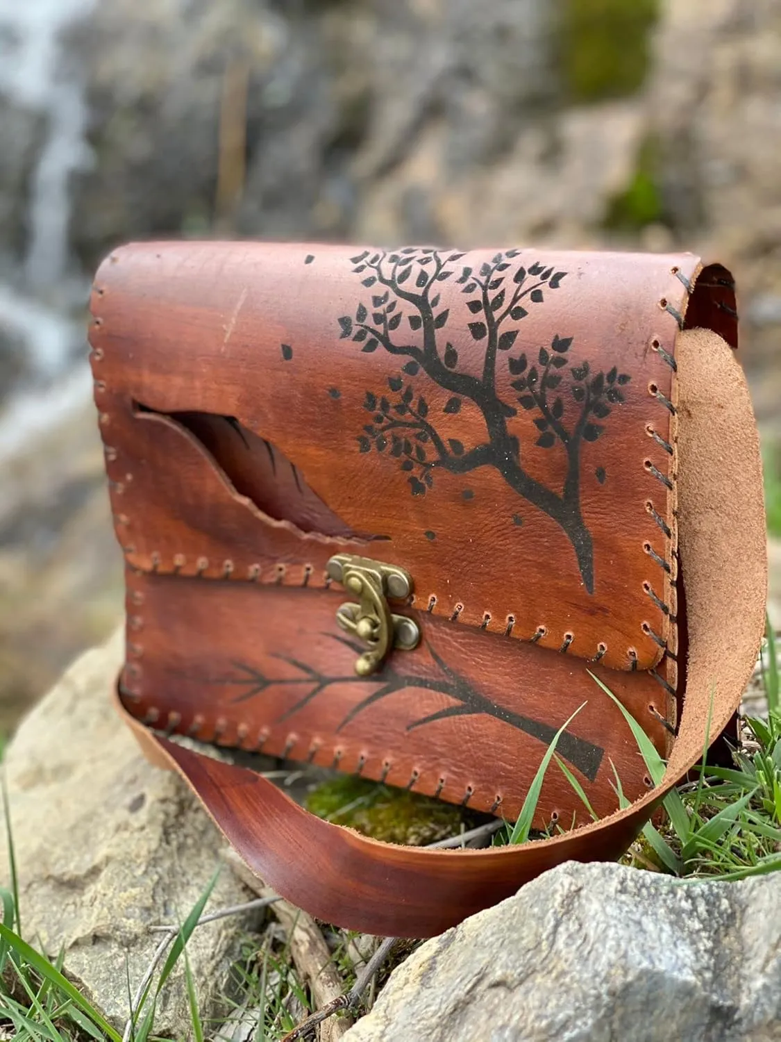 Vintage Premium Quality Crazy Horse Leather Cross-body Handbag for Women-Handmade Bag-New style Cowhide Leather Bag-Tree and leaf print Shoulder Bag (Woody Brown)