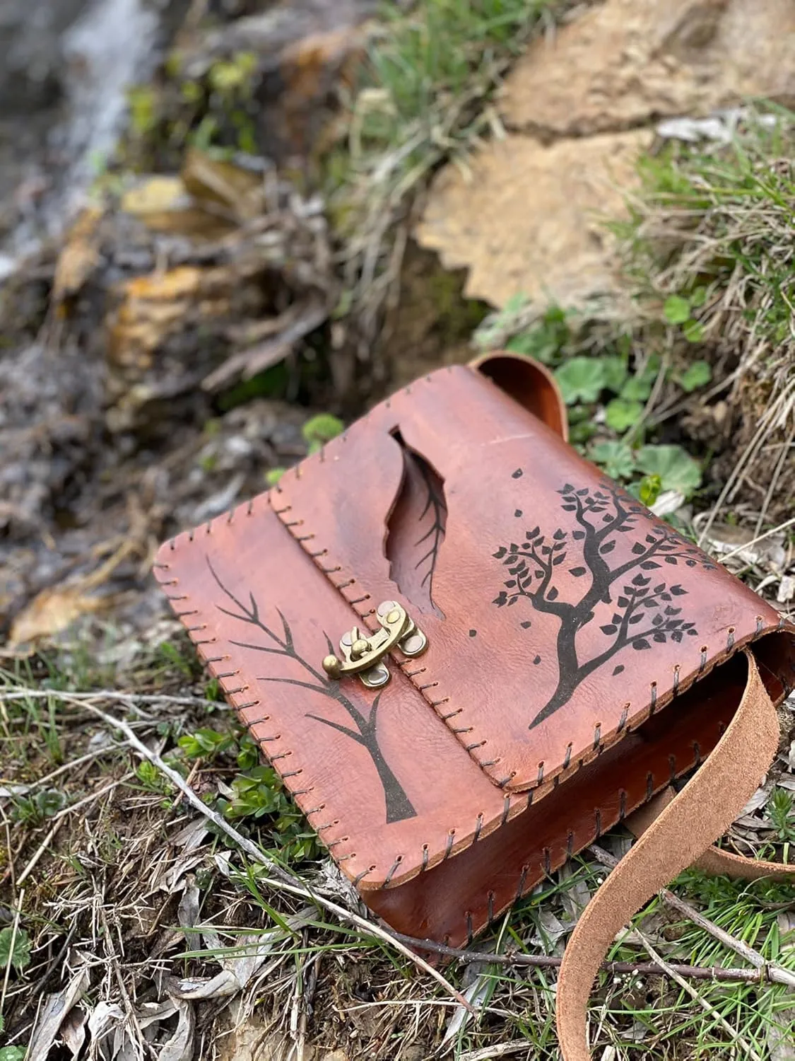 Vintage Premium Quality Crazy Horse Leather Cross-body Handbag for Women-Handmade Bag-New style Cowhide Leather Bag-Tree and leaf print Shoulder Bag (Woody Brown)