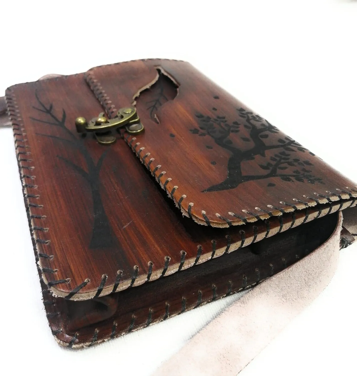 Vintage Premium Quality Crazy Horse Leather Cross-body Handbag for Women-Handmade Bag-New style Cowhide Leather Bag-Tree and leaf print Shoulder Bag (Woody Brown)
