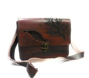 Vintage Premium Quality Crazy Horse Leather Cross-body Handbag for Women-Handmade Bag-New style Cowhide Leather Bag-Tree and leaf print Shoulder Bag (Woody Brown)