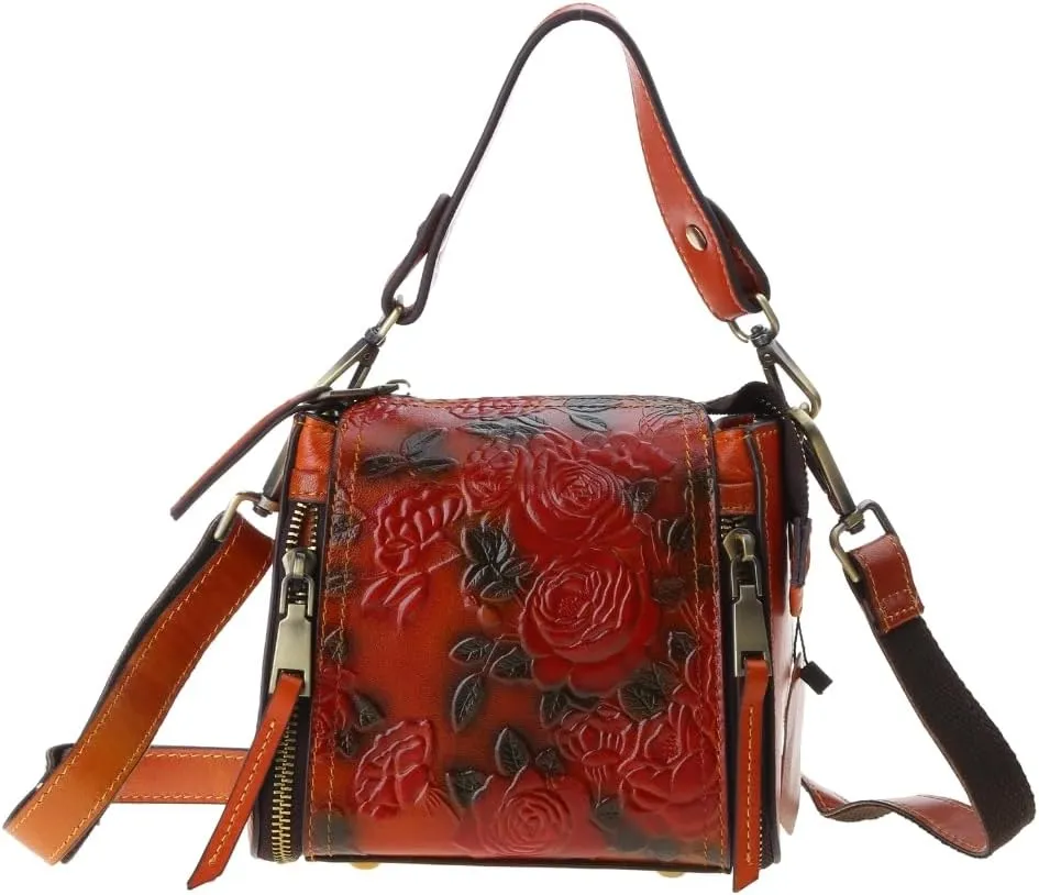 Vintage Women Flower Embossed Handbag Leather Crossbody Shoulder Top