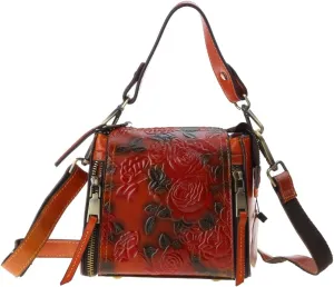 Vintage Women Flower Embossed Handbag Leather Crossbody Shoulder Top