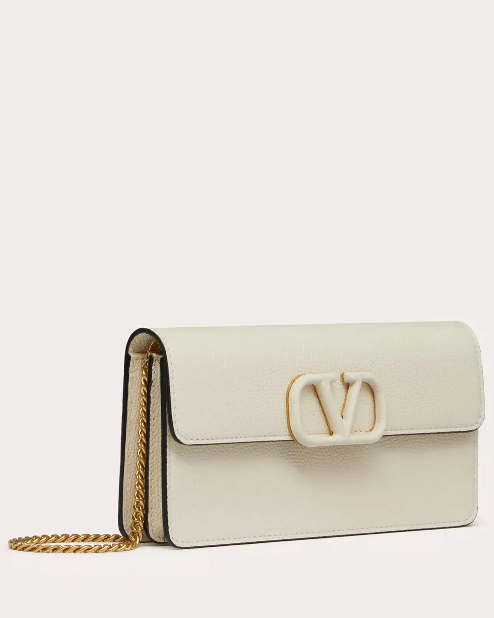 VLogo Signature Grainy Calfskin Wallet With Chain in Light Ivory
