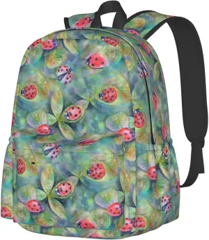 Watercolor Botanical Summer Colorful Ladybugs Meadow Herbs Grasses Laptop Backpack Shoulder Bag Laptop Pack Travel Backpacks Commuter Back Pack Casual Daypack Bags With Side Pockets