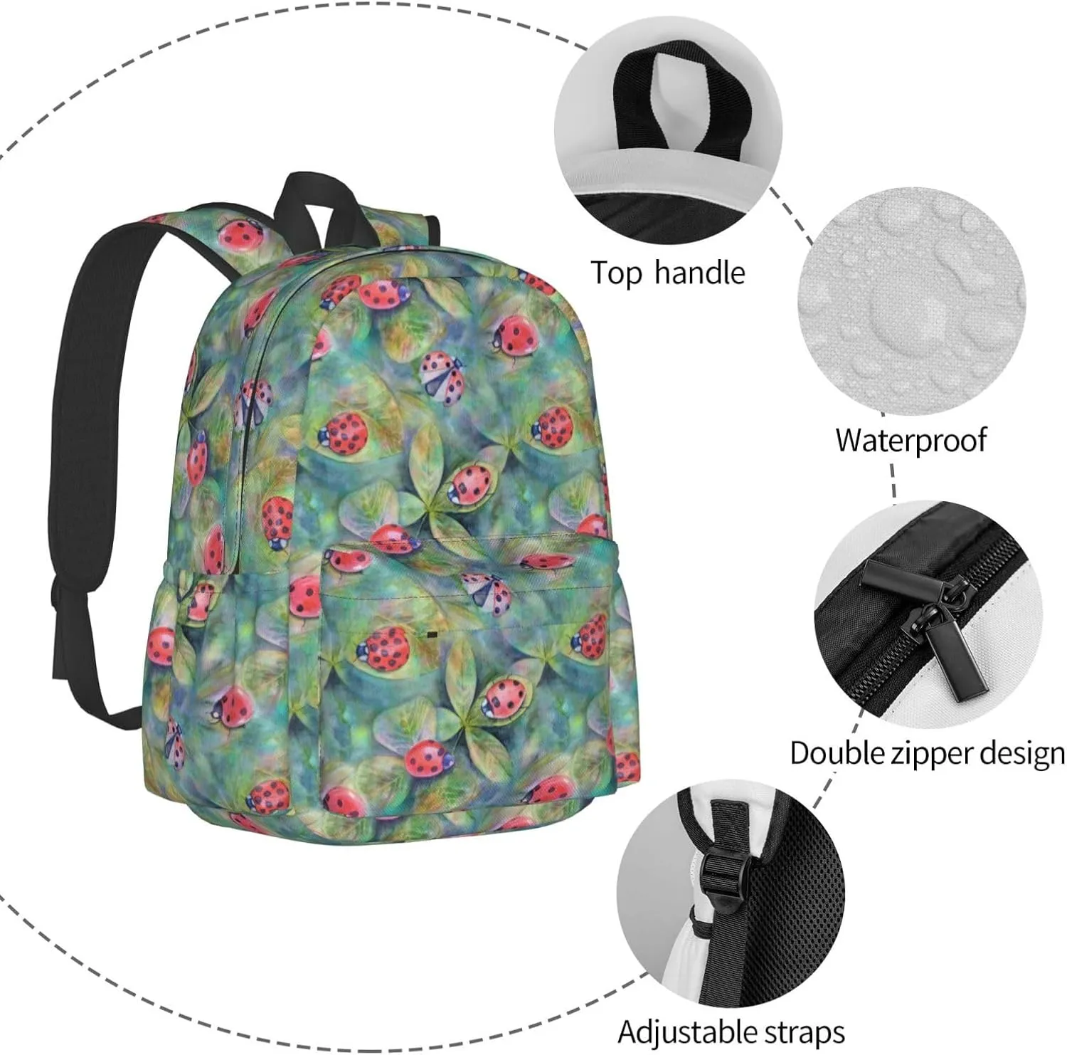 Watercolor Botanical Summer Colorful Ladybugs Meadow Herbs Grasses Laptop Backpack Shoulder Bag Laptop Pack Travel Backpacks Commuter Back Pack Casual Daypack Bags With Side Pockets