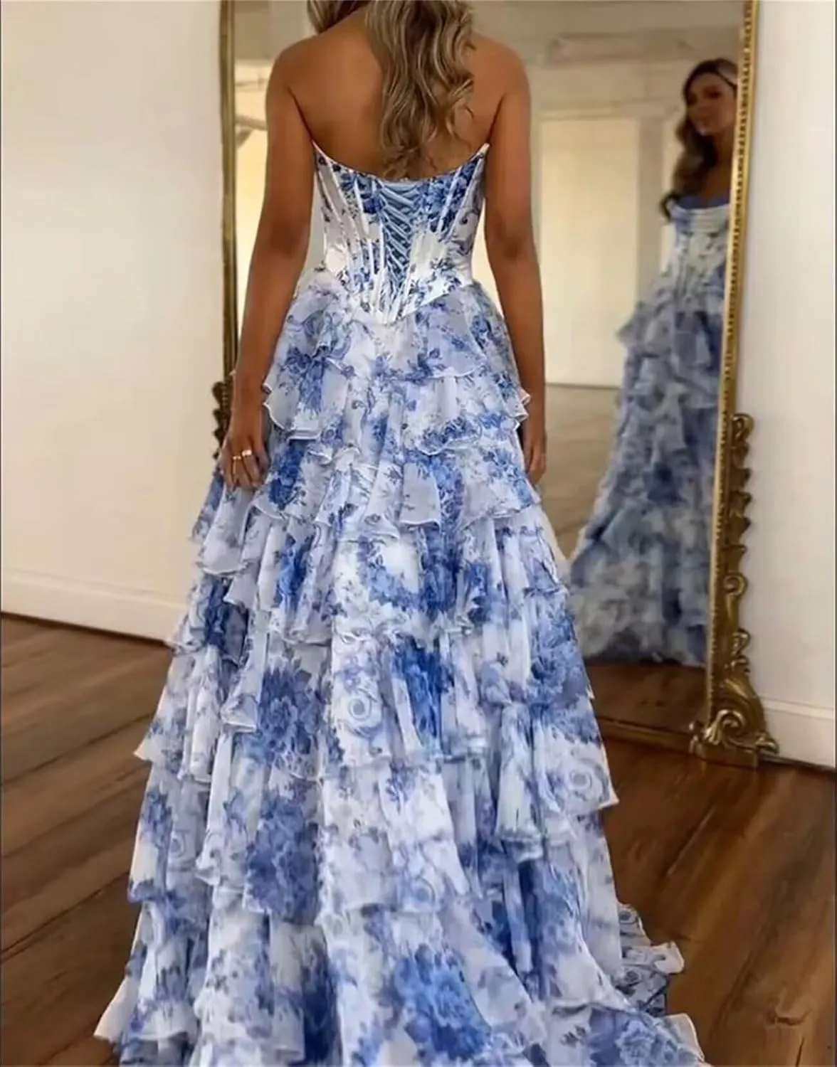 Wchecalino Strapless Tiered Floral Chiffon Prom Dresses Long 2025 Corset Ruffle Formal Evening Gown with Slit