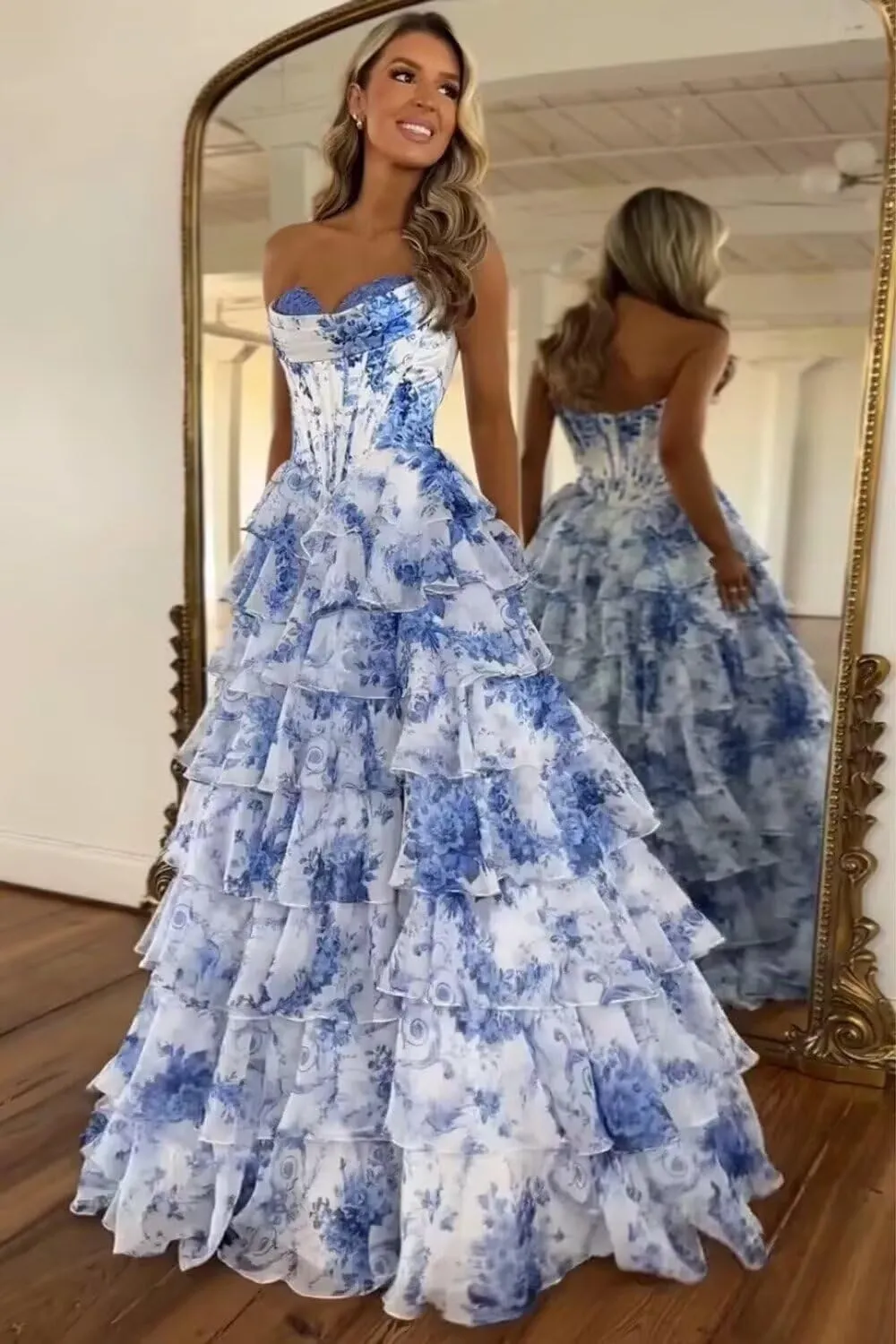 Wchecalino Strapless Tiered Floral Chiffon Prom Dresses Long 2025 Corset Ruffle Formal Evening Gown with Slit