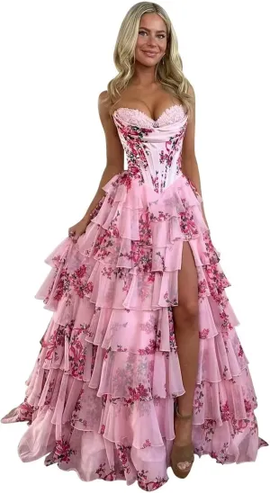 Wchecalino Strapless Tiered Floral Chiffon Prom Dresses Long 2025 Corset Ruffle Formal Evening Gown with Slit
