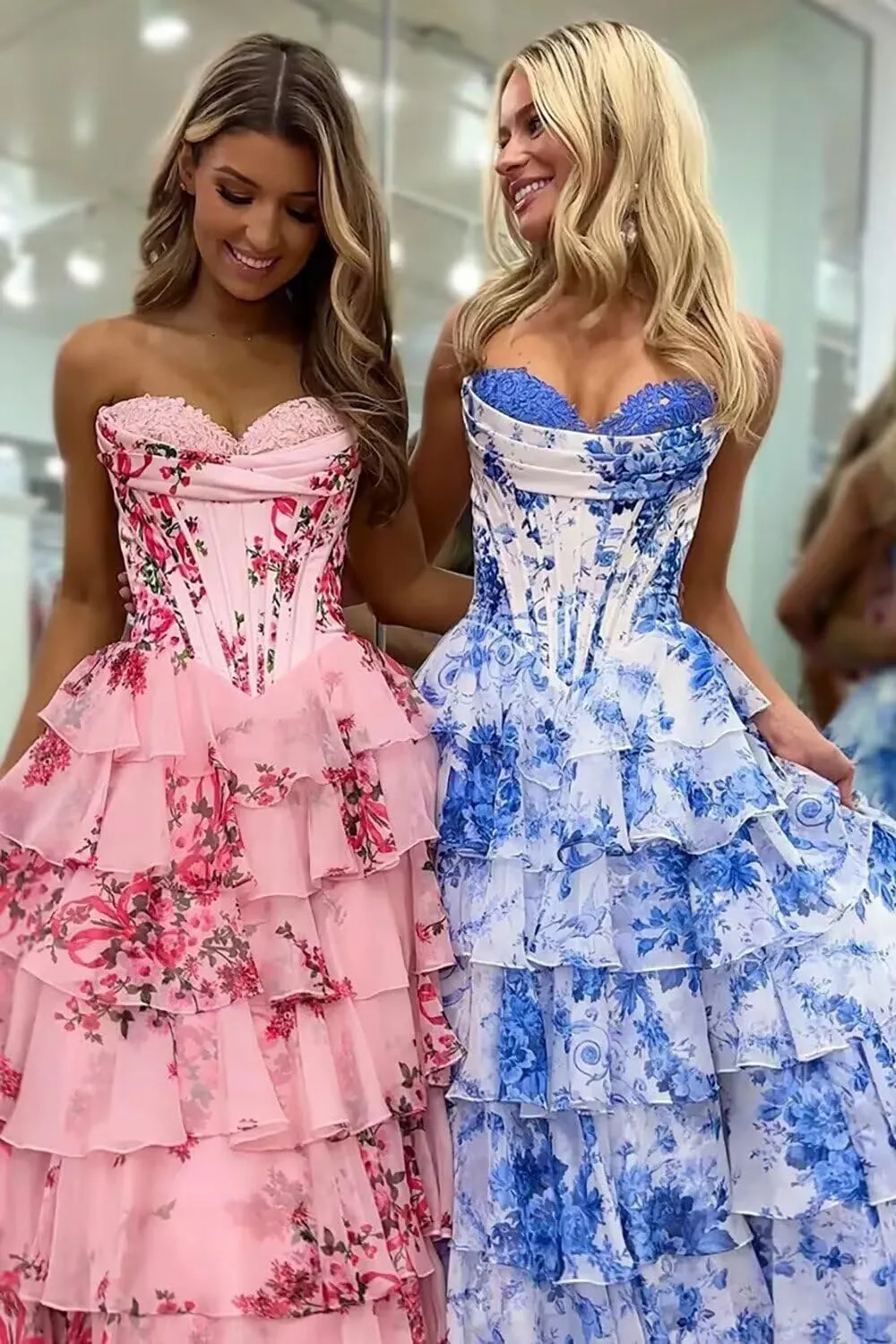 Wchecalino Strapless Tiered Floral Chiffon Prom Dresses Long 2025 Corset Ruffle Formal Evening Gown with Slit