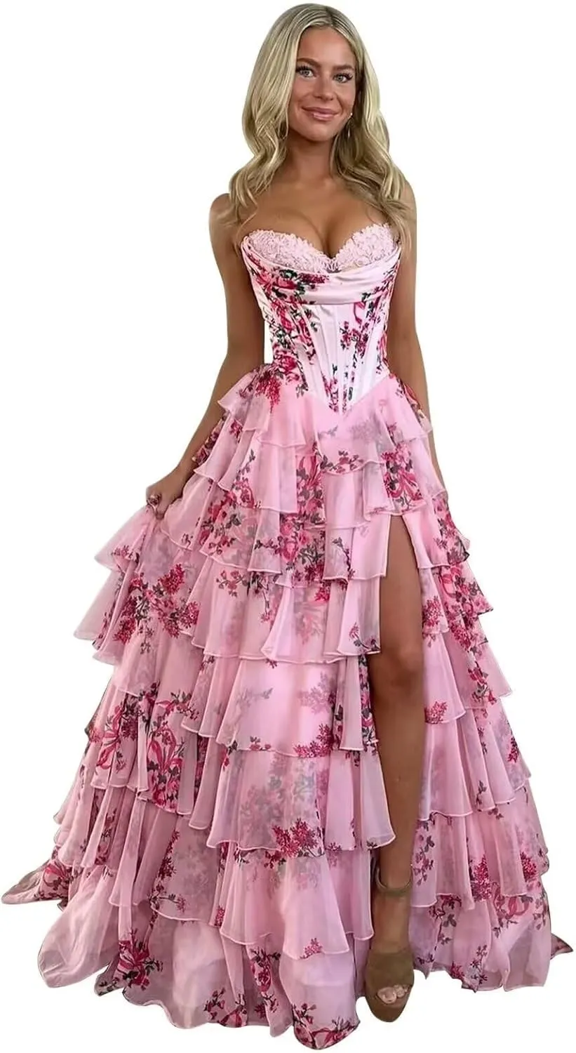 Wchecalino Strapless Tiered Floral Chiffon Prom Dresses Long 2025 Corset Ruffle Formal Evening Gown with Slit