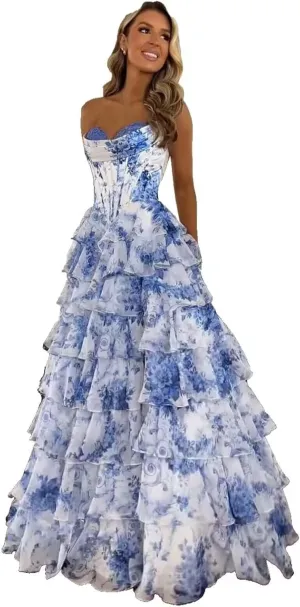 Wchecalino Strapless Tiered Floral Chiffon Prom Dresses Long 2025 Corset Ruffle Formal Evening Gown with Slit