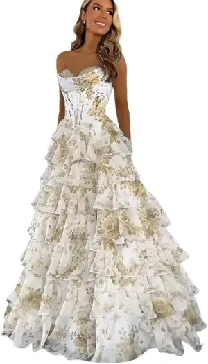 Wchecalino Strapless Tiered Floral Chiffon Prom Dresses Long 2025 Corset Ruffle Formal Evening Gown with Slit