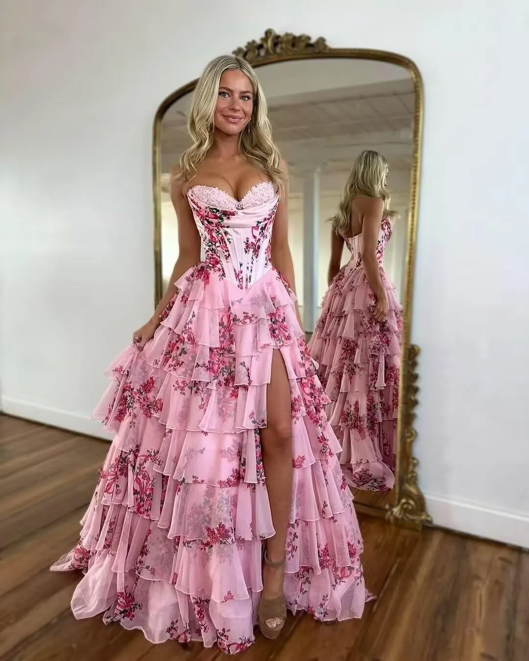Wchecalino Strapless Tiered Floral Chiffon Prom Dresses Long 2025 Corset Ruffle Formal Evening Gown with Slit