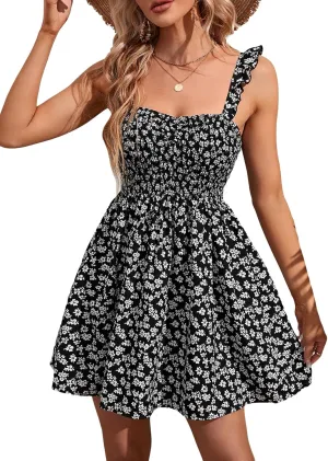 WDIRARA Women's Ditsy Floral Print Tie Shoulder Sleeveless Ruched Bust Drawstring Flared Hem Cami Mini Dress
