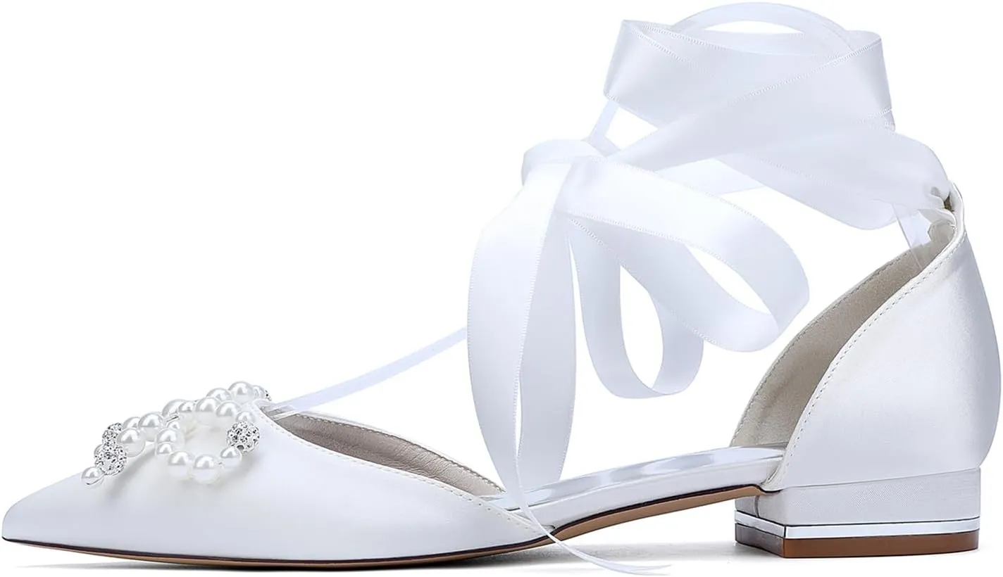 Wedding Shoes Ballet Satin Pointed Toe Bridal Shoes Flat Closed Toe Rhinestones with Bow Sandals Evening Party Dress Bridesmaids Pumps