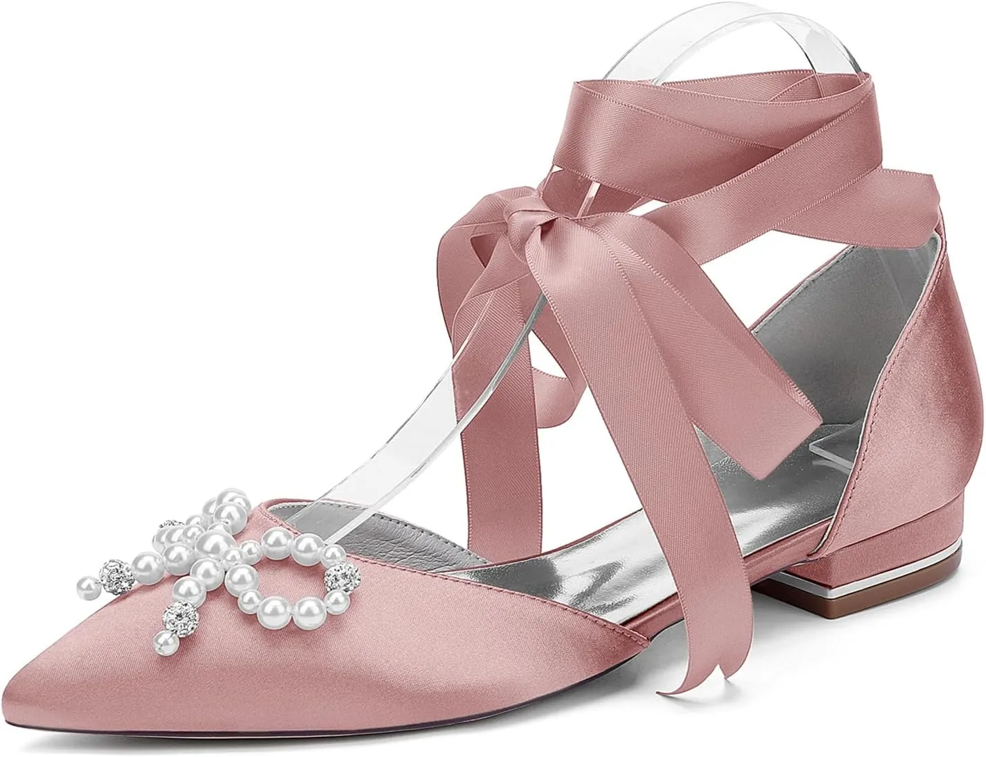 Wedding Shoes Ballet Satin Pointed Toe Bridal Shoes Flat Closed Toe Rhinestones with Bow Sandals Evening Party Dress Bridesmaids Pumps