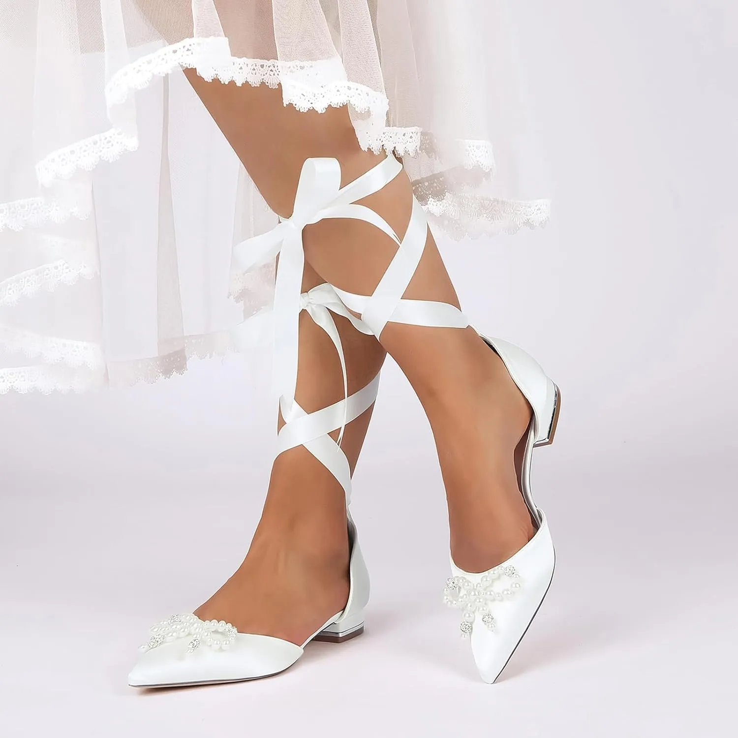 Wedding Shoes Ballet Satin Pointed Toe Bridal Shoes Flat Closed Toe Rhinestones with Bow Sandals Evening Party Dress Bridesmaids Pumps