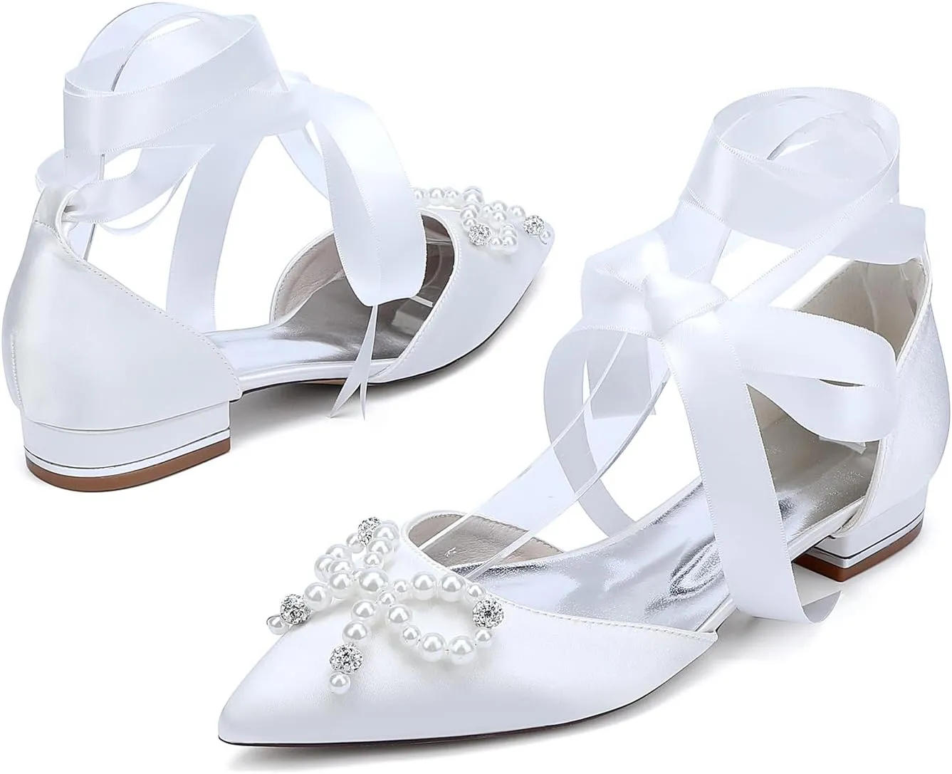 Wedding Shoes Ballet Satin Pointed Toe Bridal Shoes Flat Closed Toe Rhinestones with Bow Sandals Evening Party Dress Bridesmaids Pumps