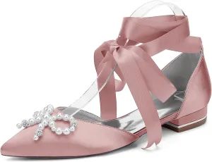Wedding Shoes Ballet Satin Pointed Toe Bridal Shoes Flat Closed Toe Rhinestones with Bow Sandals Evening Party Dress Bridesmaids Pumps
