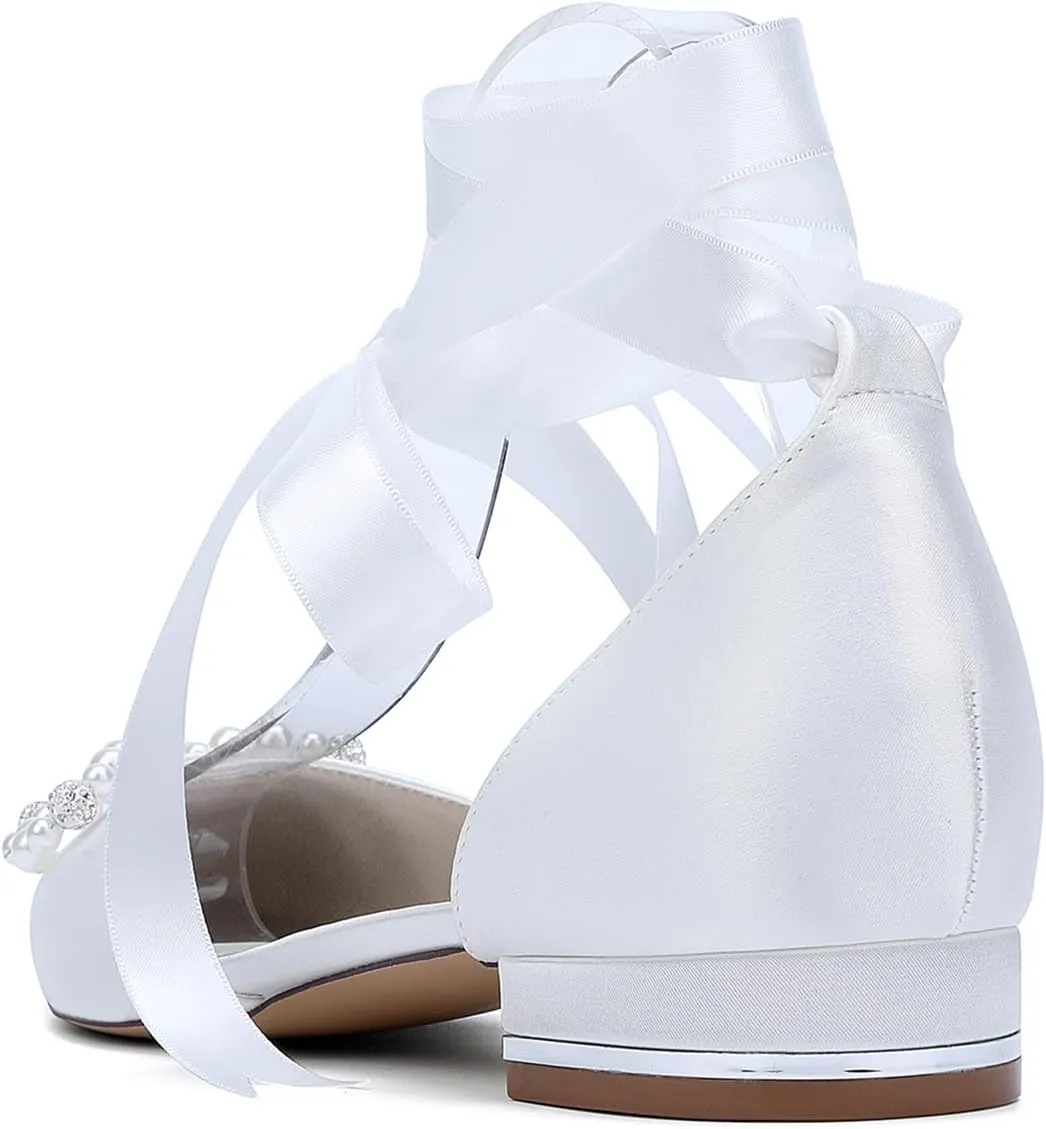 Wedding Shoes Ballet Satin Pointed Toe Bridal Shoes Flat Closed Toe Rhinestones with Bow Sandals Evening Party Dress Bridesmaids Pumps