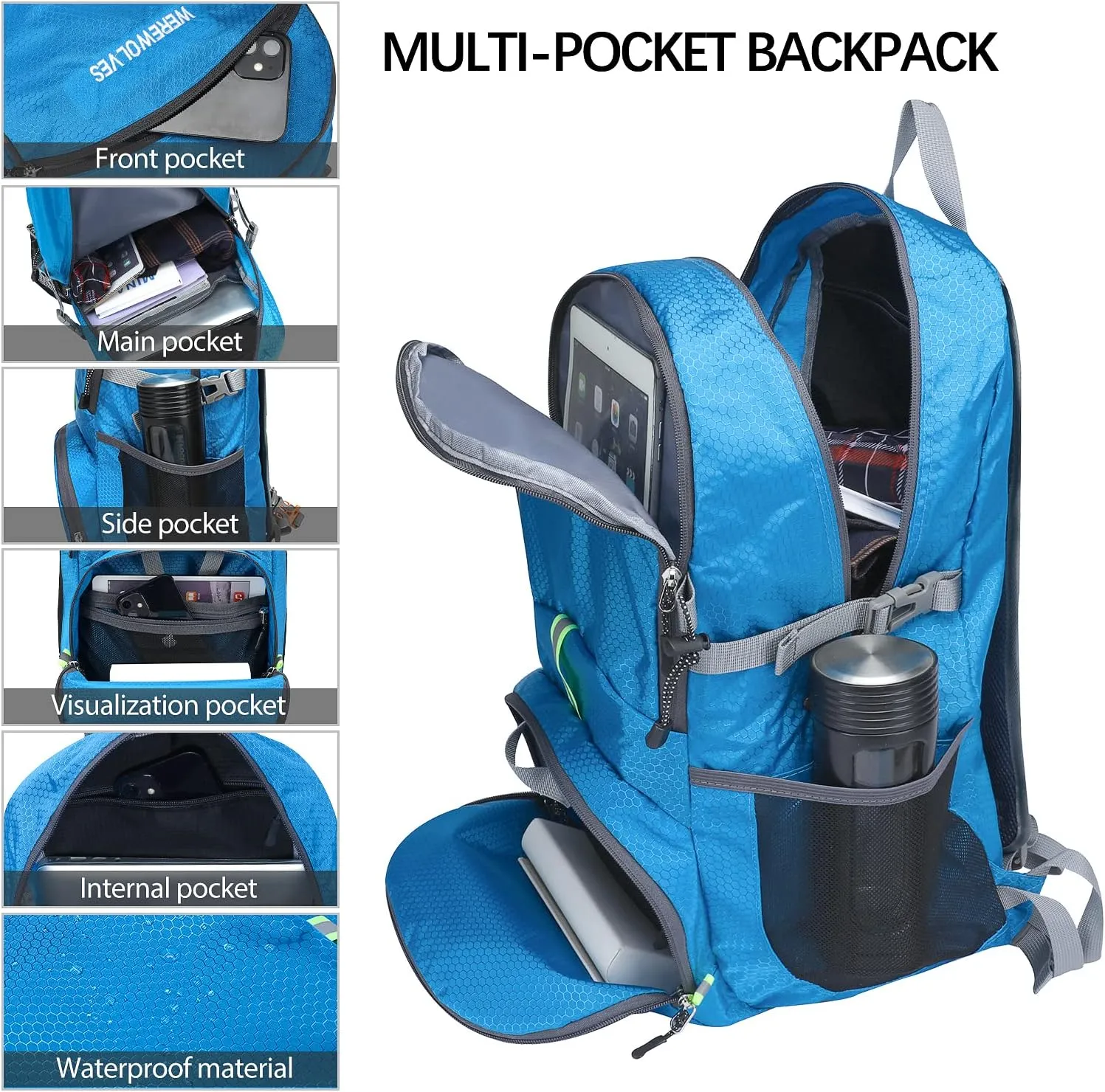 WEREWOLVES 20/35L Lightweight Hiking Backpack, Ultralight Water Resistant Packable Daypack for Women Men
