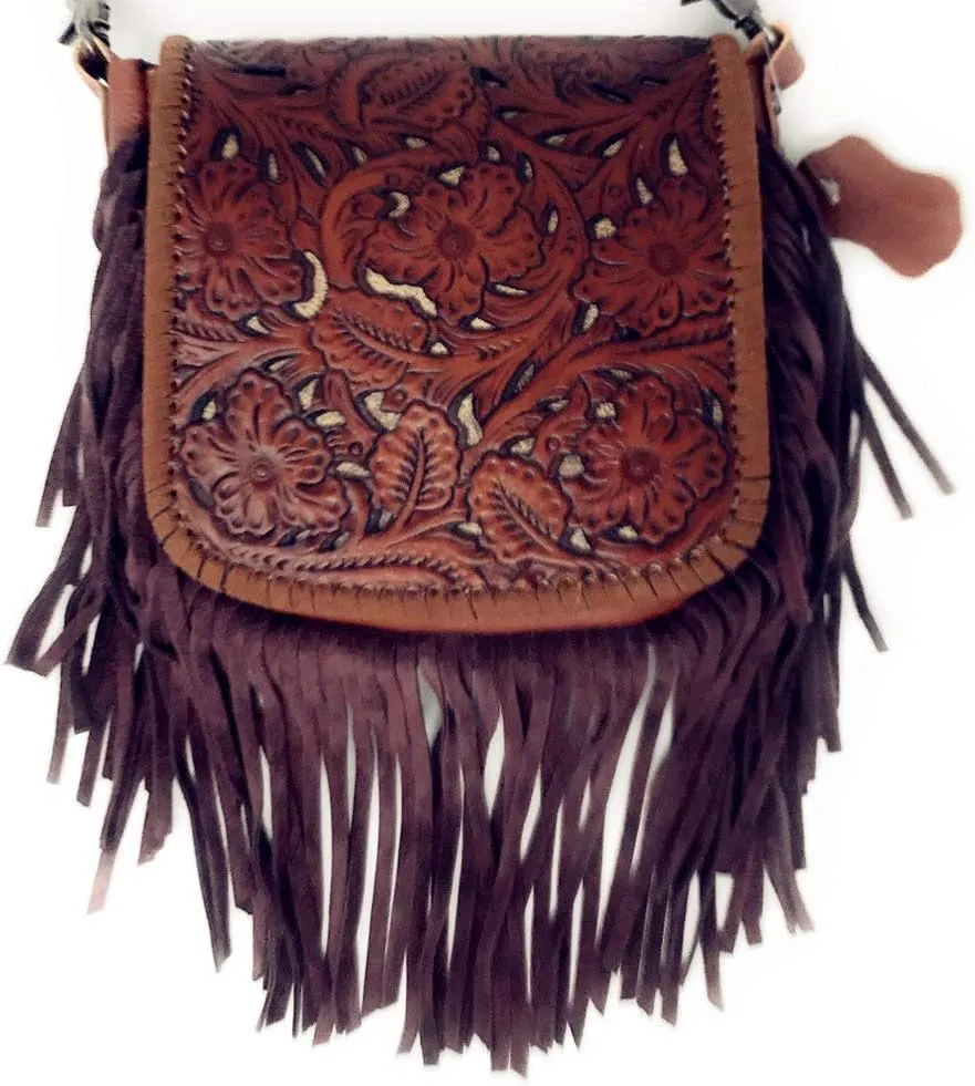 Western Genuine Leather Floral Tooled Fringe Womens Crossbody Bag 3 Color