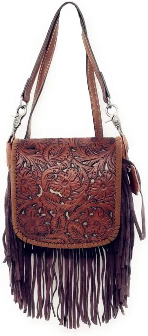 Western Genuine Leather Floral Tooled Fringe Womens Crossbody Bag 3 Color