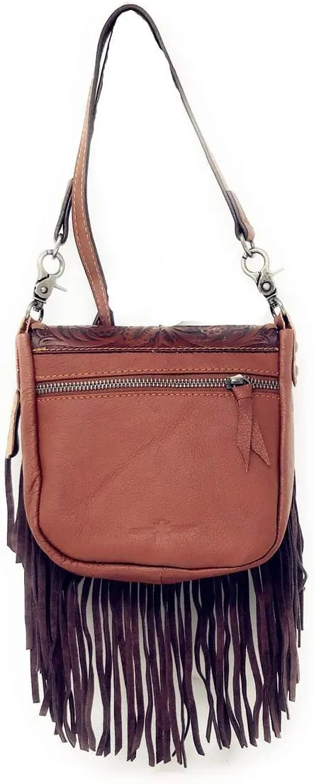 Western Genuine Leather Floral Tooled Fringe Womens Crossbody Bag 3 Color