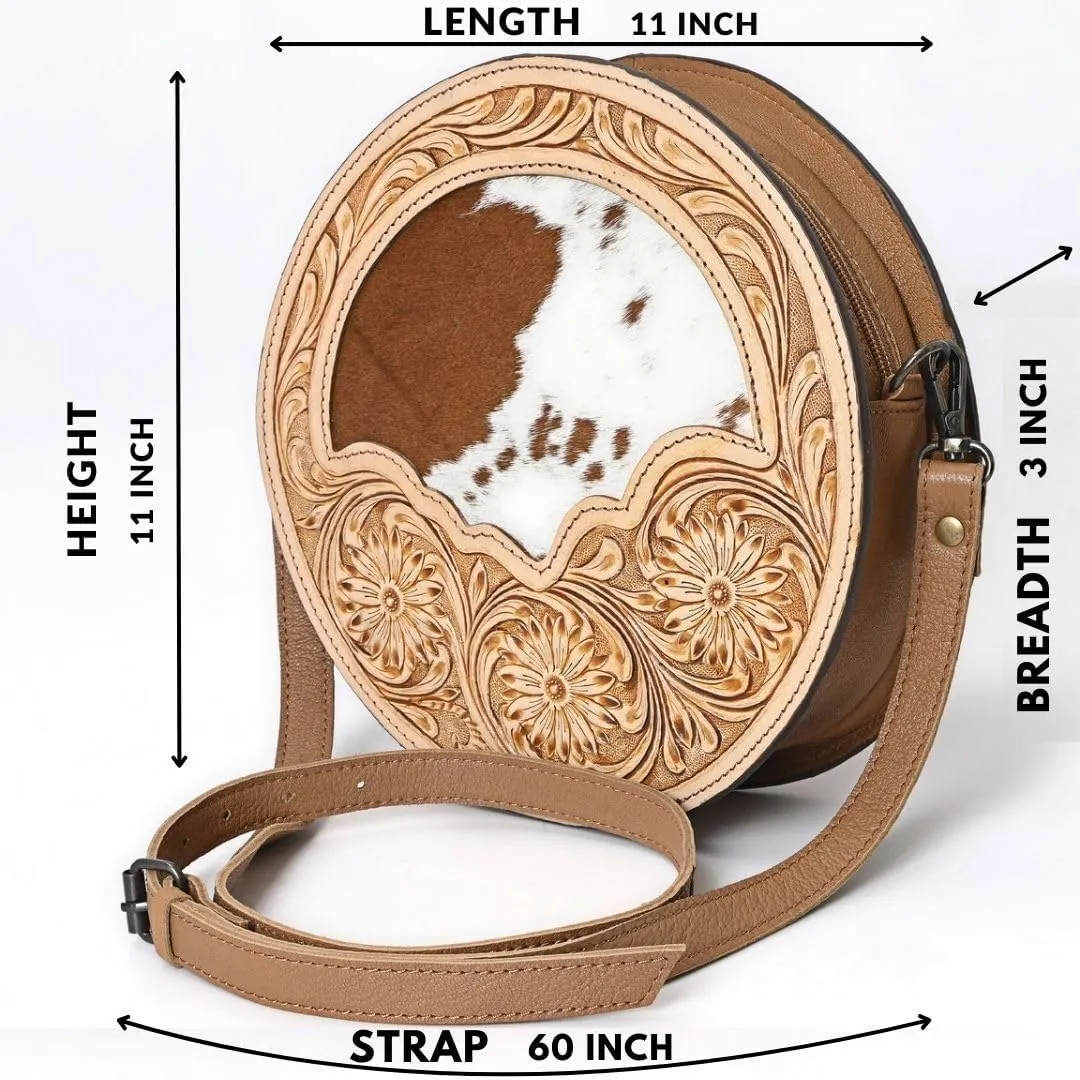 western Handtooled Cowhide Hairon Canteen Crossbody bag with Adjustable Detachable Leather Strap,Antique dye finish
