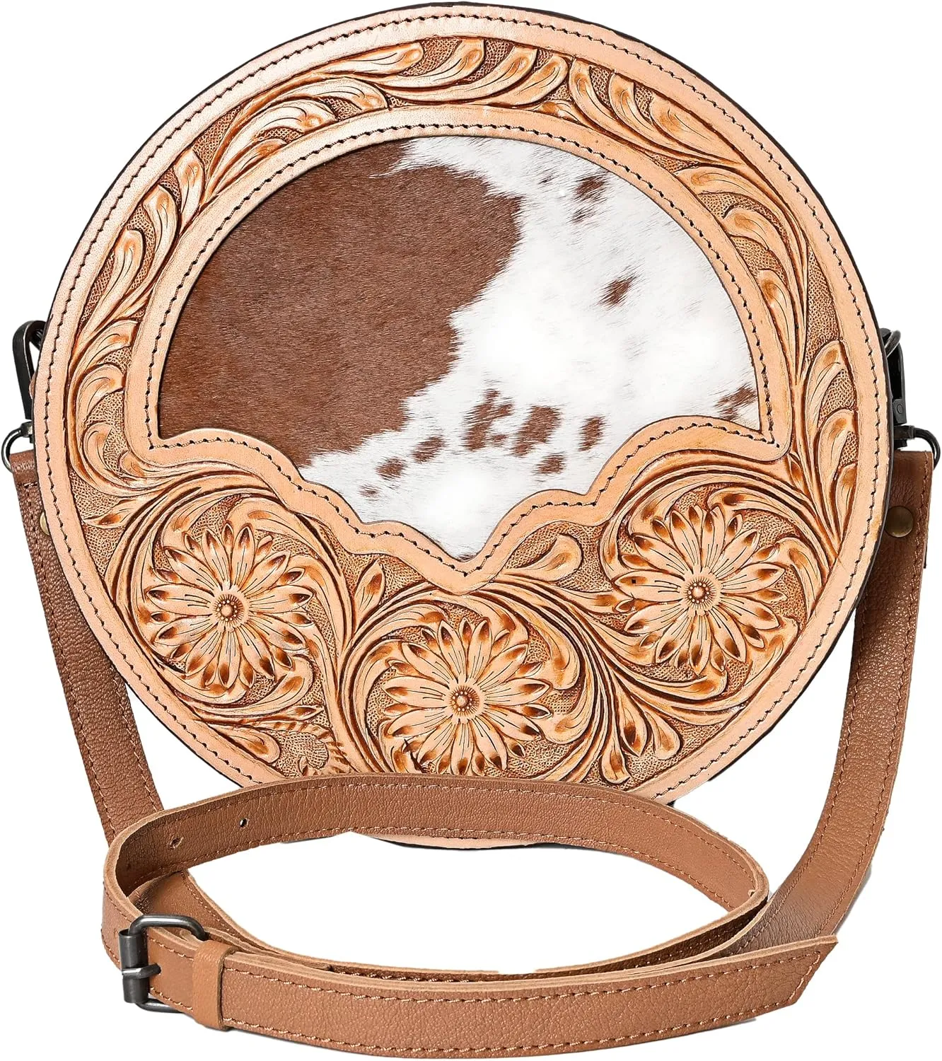 western Handtooled Cowhide Hairon Canteen Crossbody bag with Adjustable Detachable Leather Strap,Antique dye finish
