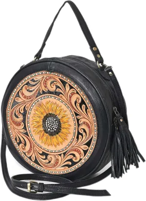 western Handtooled Cowhide Hairon Canteen Crossbody bag with Adjustable Detachable Leather Strap,Antique dye finish