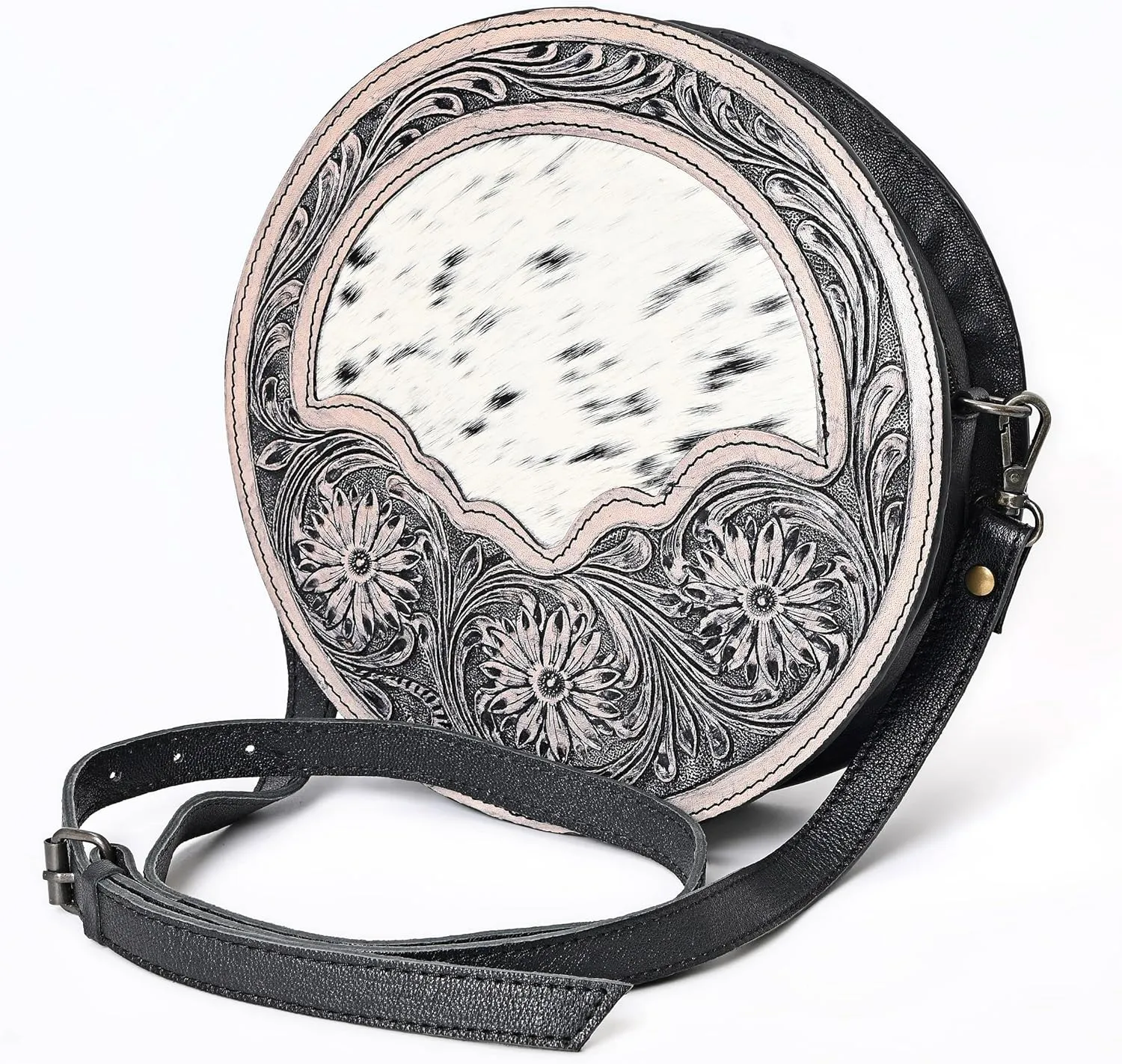 western Handtooled Cowhide Hairon Canteen Crossbody bag with Adjustable Detachable Leather Strap,Antique dye finish