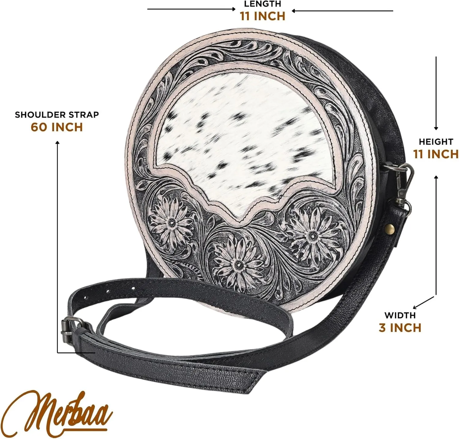 western Handtooled Cowhide Hairon Canteen Crossbody bag with Adjustable Detachable Leather Strap,Antique dye finish