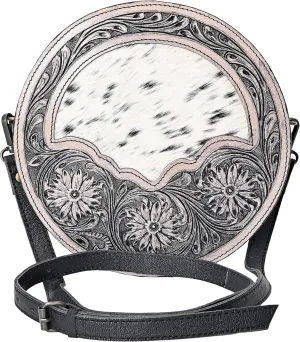 western Handtooled Cowhide Hairon Canteen Crossbody bag with Adjustable Detachable Leather Strap,Antique dye finish