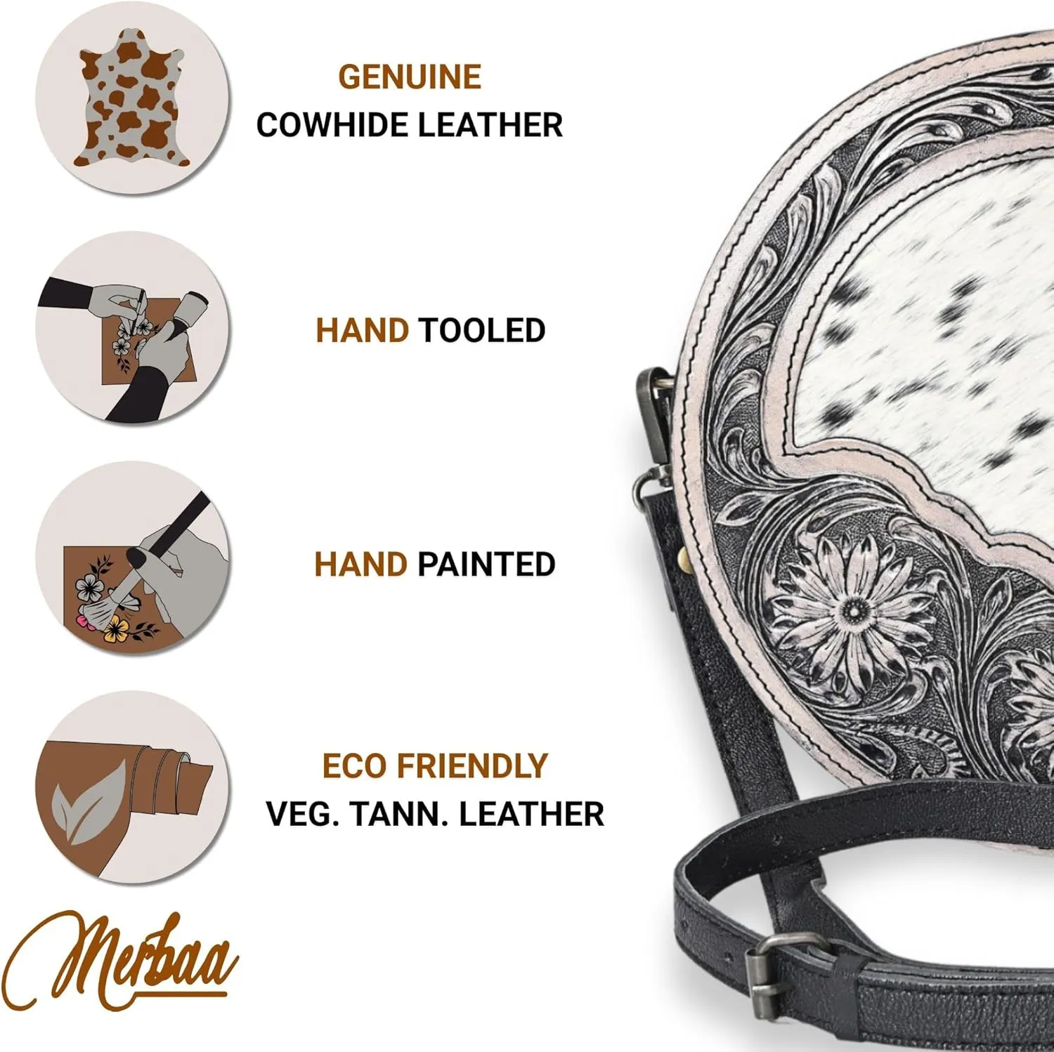 western Handtooled Cowhide Hairon Canteen Crossbody bag with Adjustable Detachable Leather Strap,Antique dye finish
