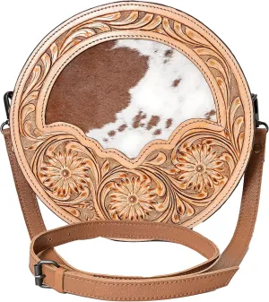 western Handtooled Cowhide Hairon Canteen Crossbody bag with Adjustable Detachable Leather Strap,Antique dye finish
