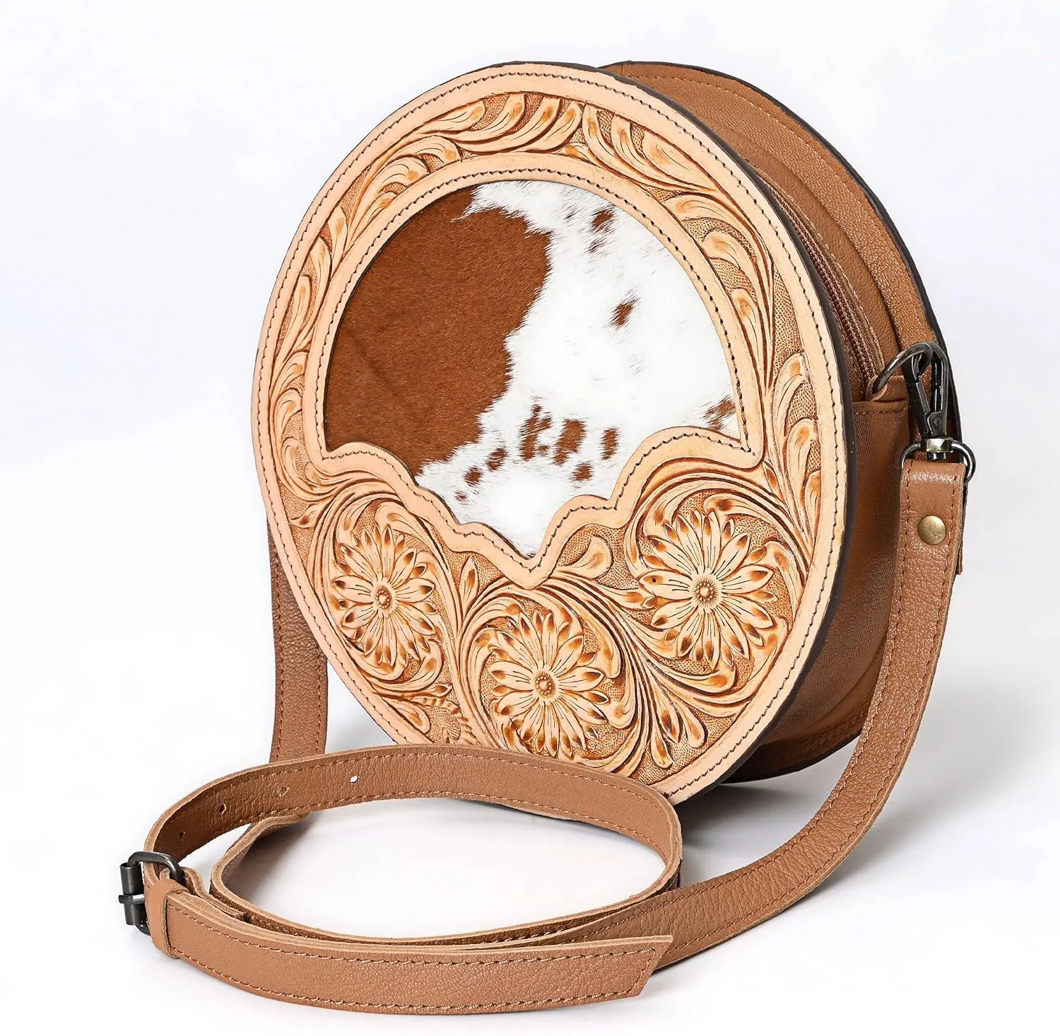 western Handtooled Cowhide Hairon Canteen Crossbody bag with Adjustable Detachable Leather Strap,Antique dye finish