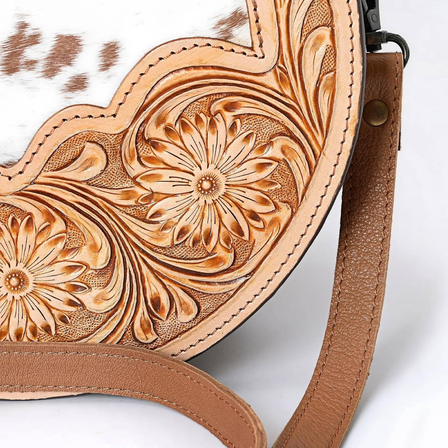 western Handtooled Cowhide Hairon Canteen Crossbody bag with Adjustable Detachable Leather Strap,Antique dye finish