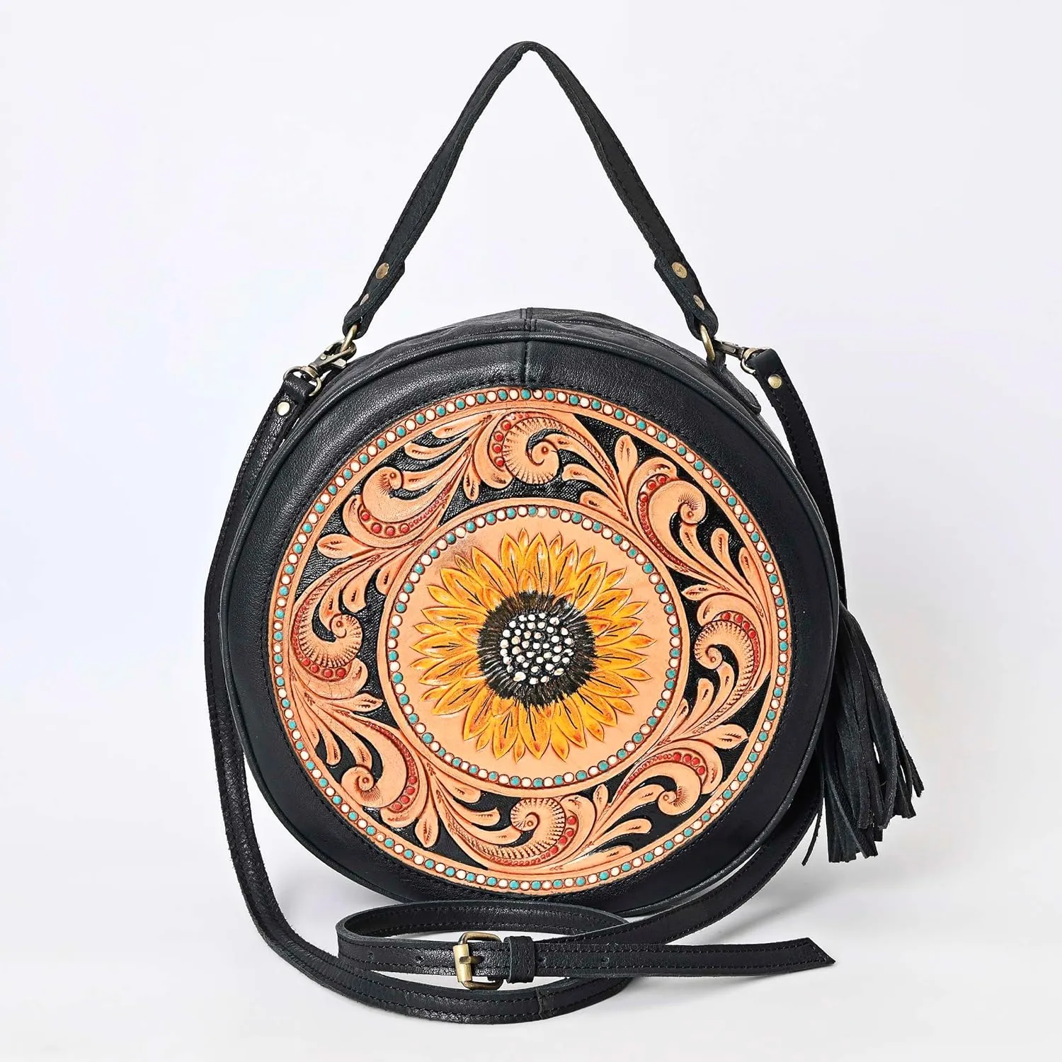 western Handtooled Cowhide Hairon Canteen Crossbody bag with Adjustable Detachable Leather Strap,Antique dye finish