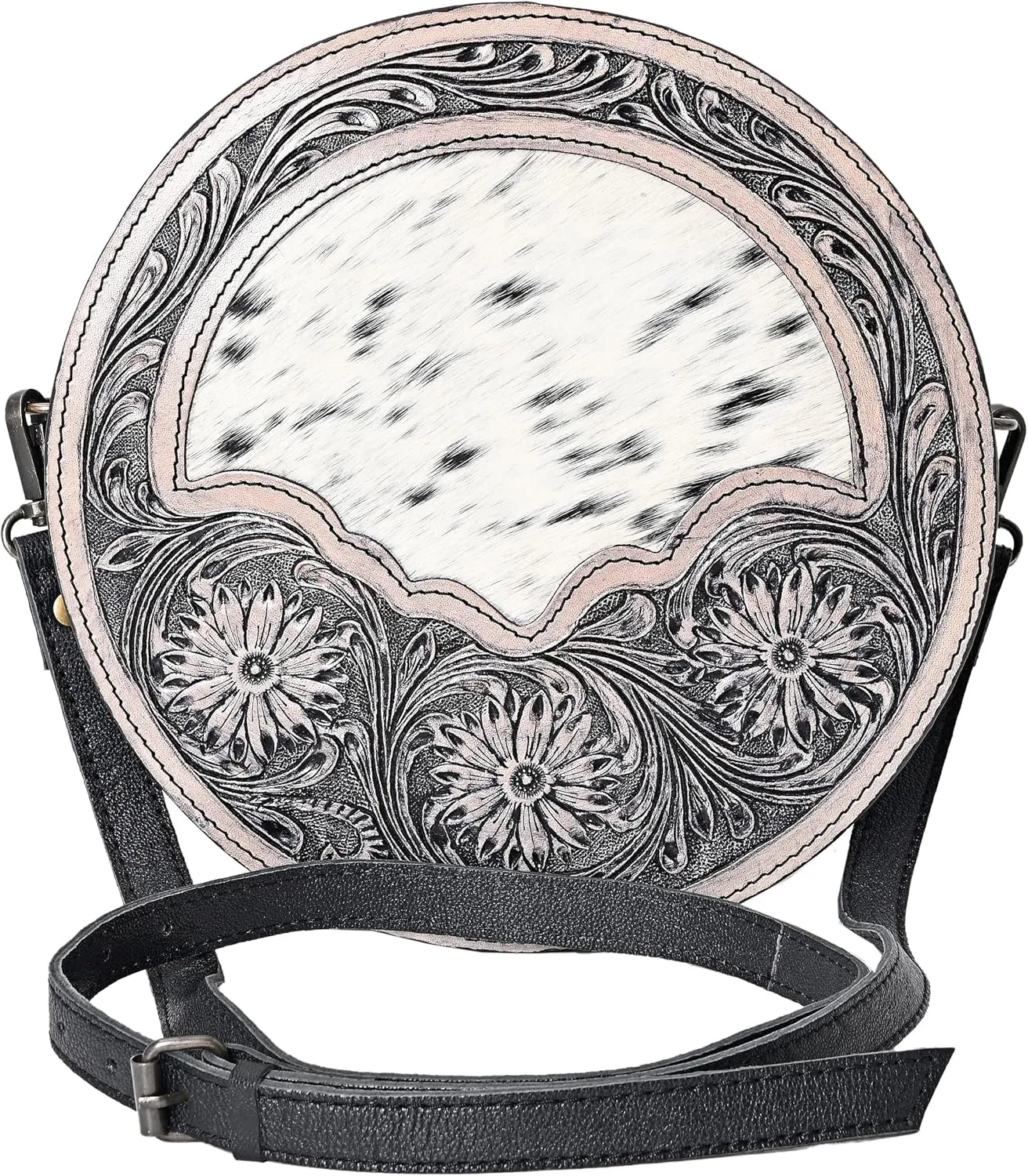 western Handtooled Cowhide Hairon Canteen Crossbody bag with Adjustable Detachable Leather Strap,Antique dye finish