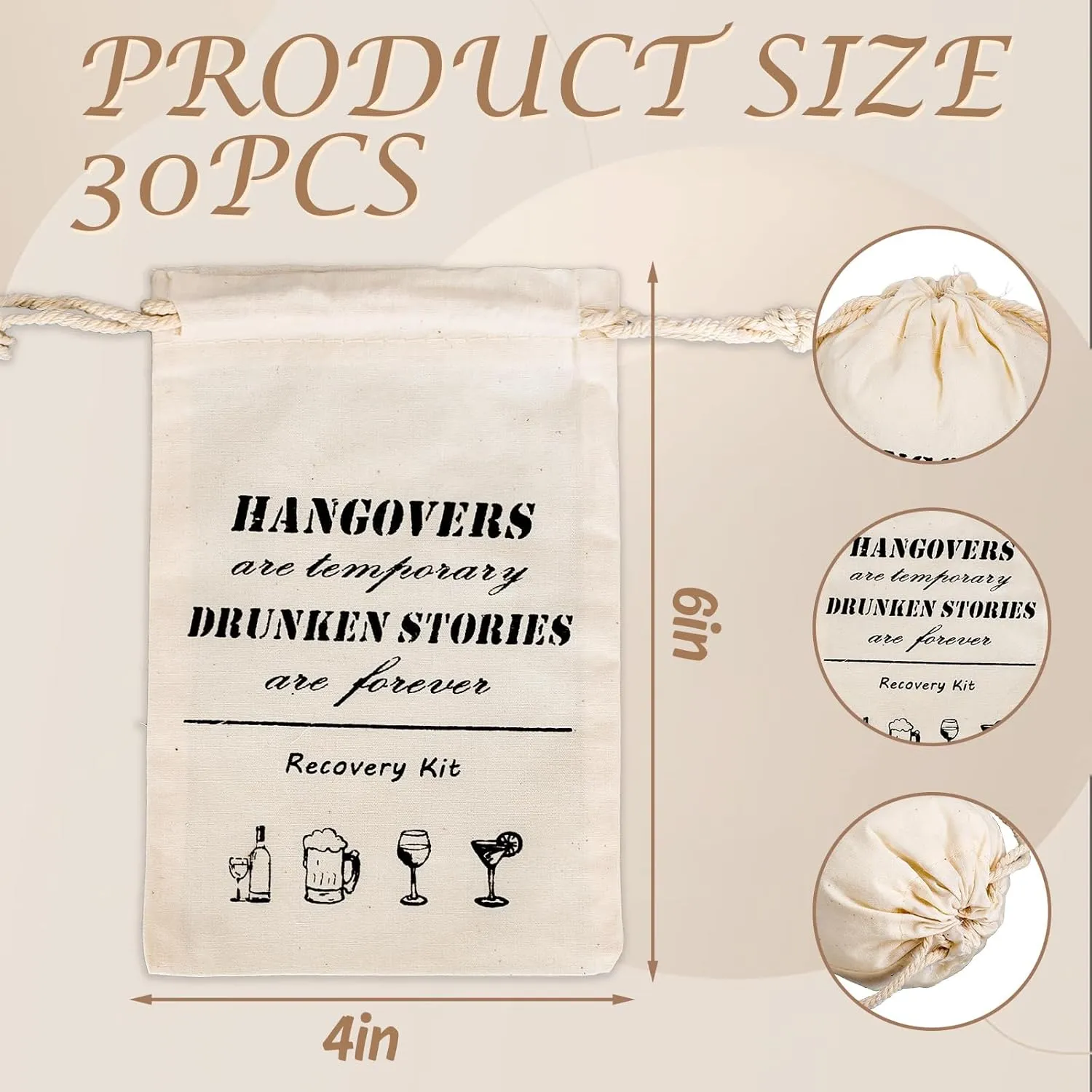 Whaline 30 Pcs Bachelorette Hangover Kit Bags Cotton Gift Bags Muslin Drawstring Party Favors for Wedding Survival Recovery Bachelorette Party and Bridesmaid Gifts, 4" x 6"