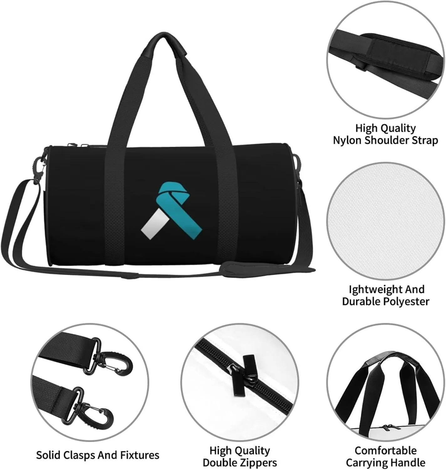 White And Teal Awareness Ribbon Cervical Cancer Travel Luggage Duffel Bag Sports Rolling Foldable Duffel Bag, Black