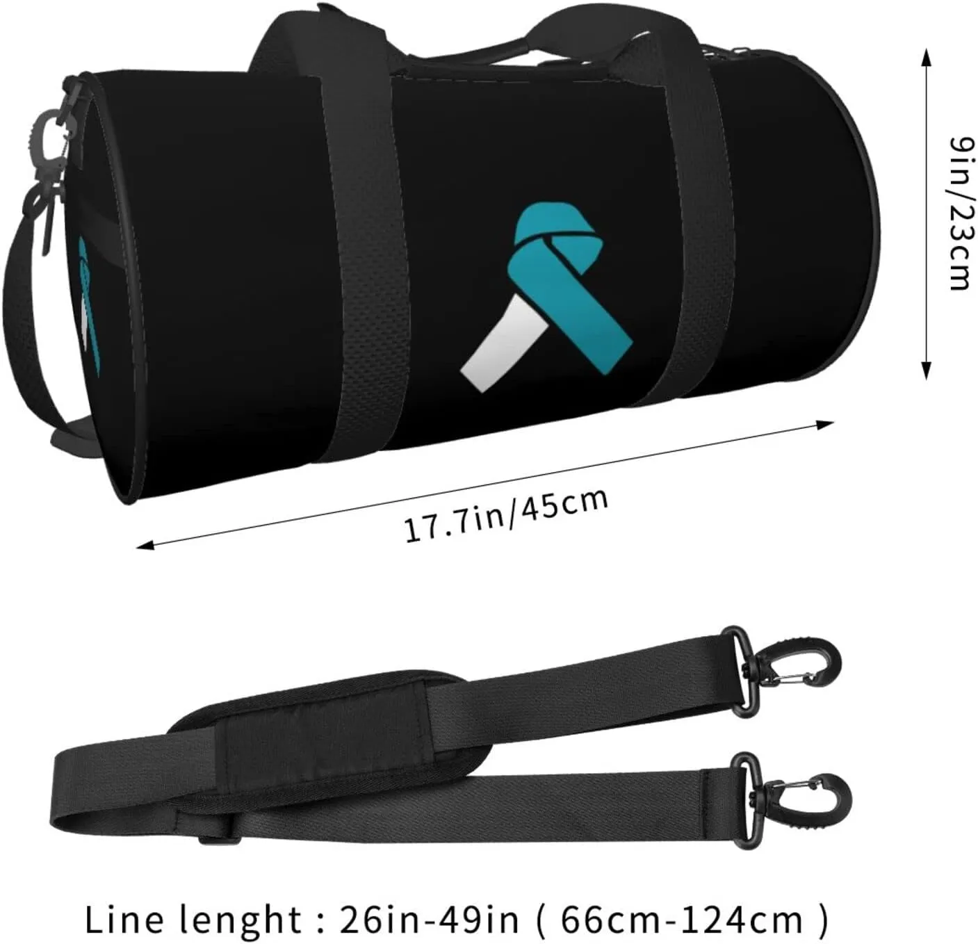 White And Teal Awareness Ribbon Cervical Cancer Travel Luggage Duffel Bag Sports Rolling Foldable Duffel Bag, Black