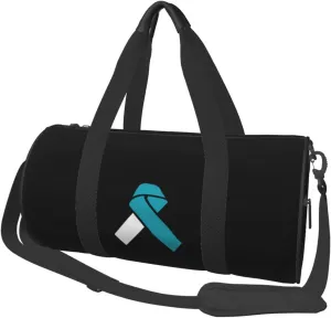 White And Teal Awareness Ribbon Cervical Cancer Travel Luggage Duffel Bag Sports Rolling Foldable Duffel Bag, Black