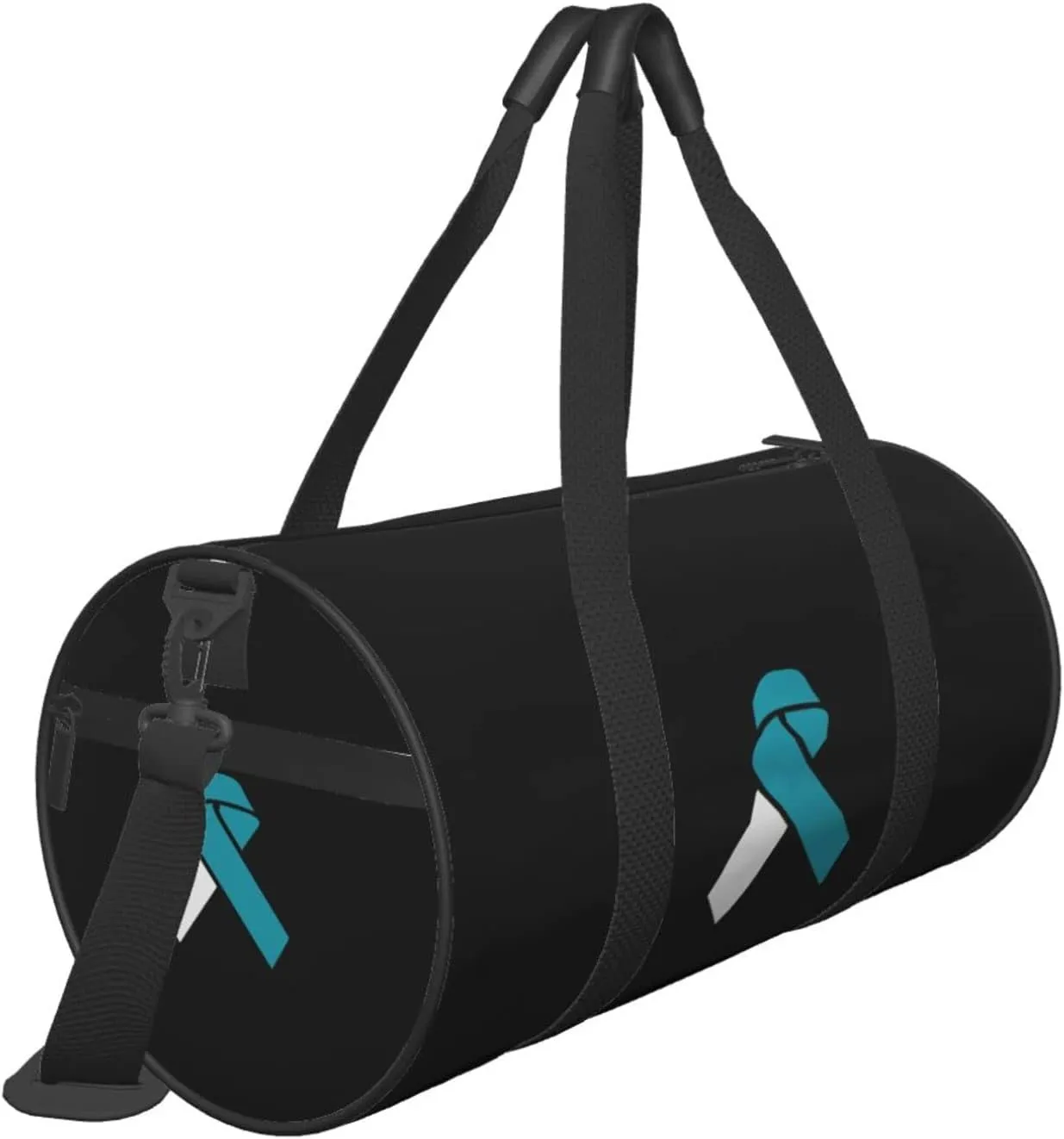 White And Teal Awareness Ribbon Cervical Cancer Travel Luggage Duffel Bag Sports Rolling Foldable Duffel Bag, Black