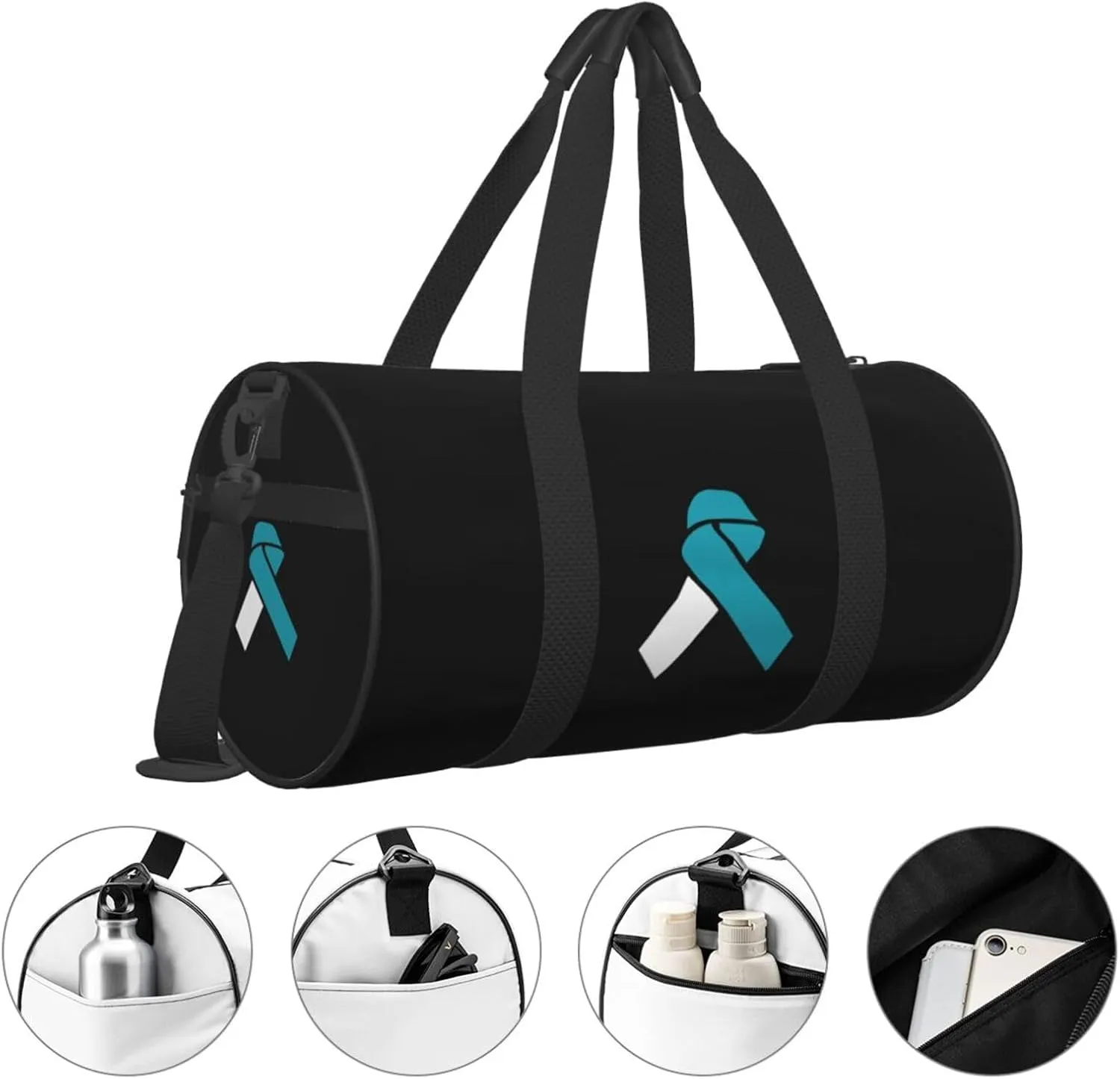 White And Teal Awareness Ribbon Cervical Cancer Travel Luggage Duffel Bag Sports Rolling Foldable Duffel Bag, Black