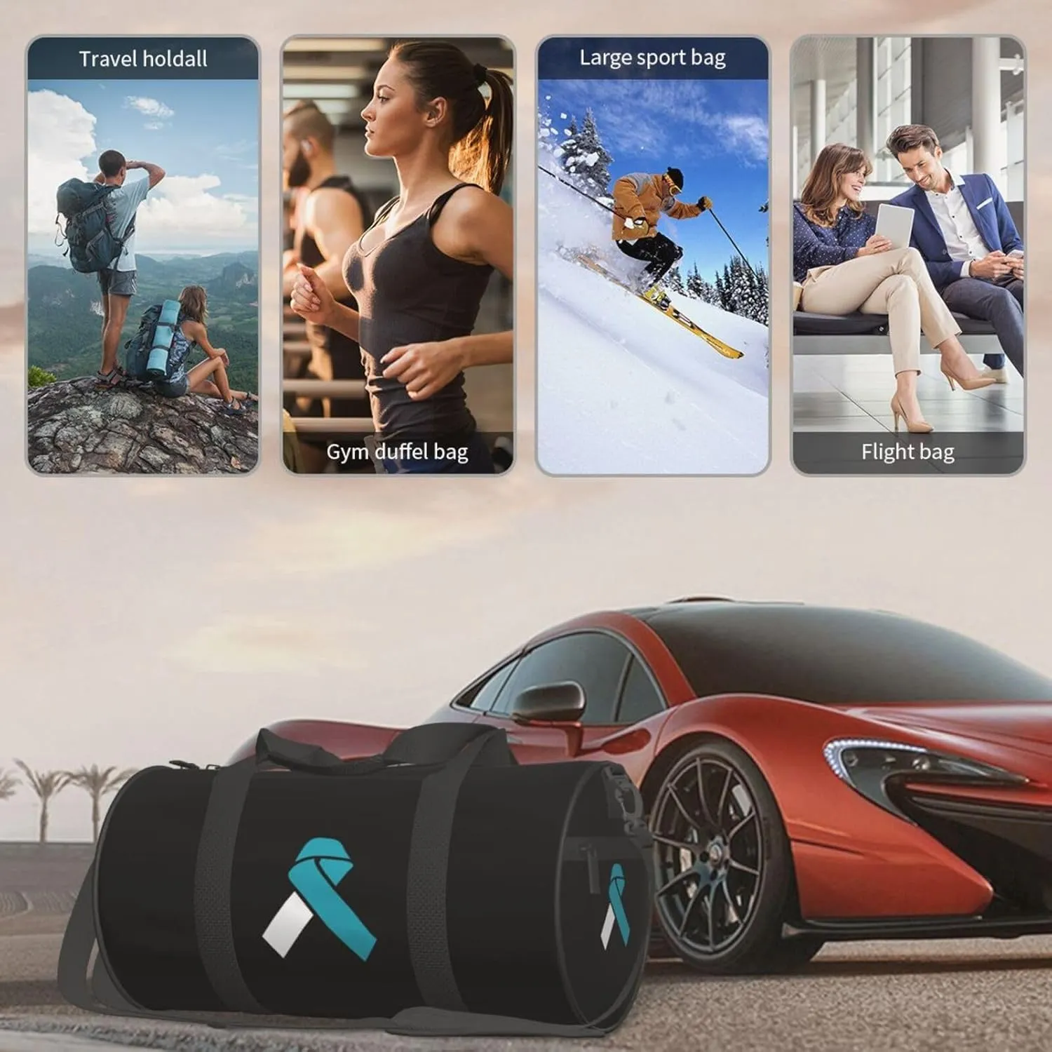White And Teal Awareness Ribbon Cervical Cancer Travel Luggage Duffel Bag Sports Rolling Foldable Duffel Bag, Black