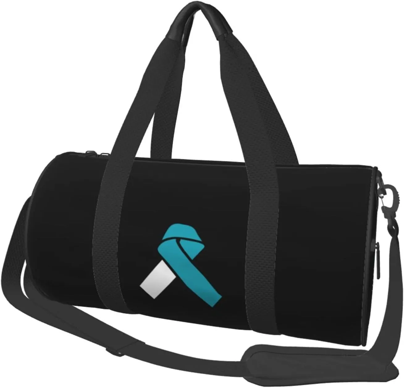 White And Teal Awareness Ribbon Cervical Cancer Travel Luggage Duffel Bag Sports Rolling Foldable Duffel Bag, Black