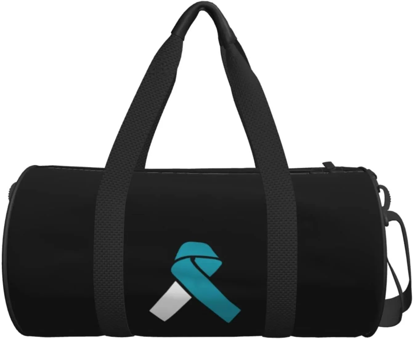 White And Teal Awareness Ribbon Cervical Cancer Travel Luggage Duffel Bag Sports Rolling Foldable Duffel Bag, Black