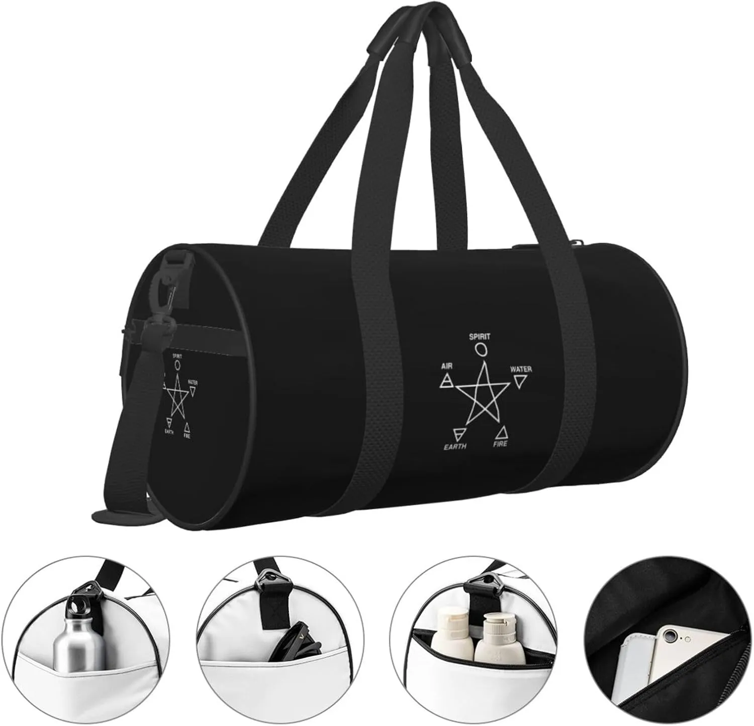 Wicca Metal, Wood, Water, Fire And Earth Travel Luggage Duffel Bag Sports Rolling Foldable Duffel Bag, Black